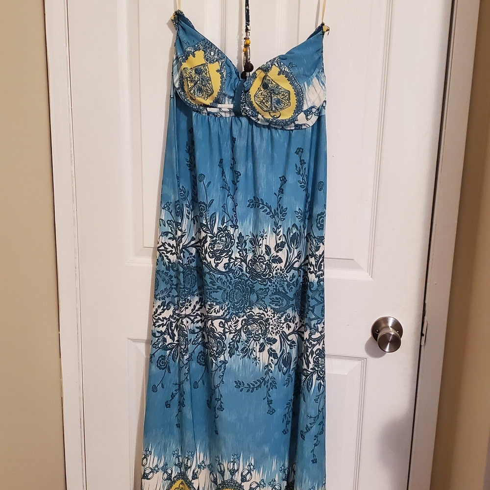 Elegant Vintage Blue and Yellow Halter Maxi Dress